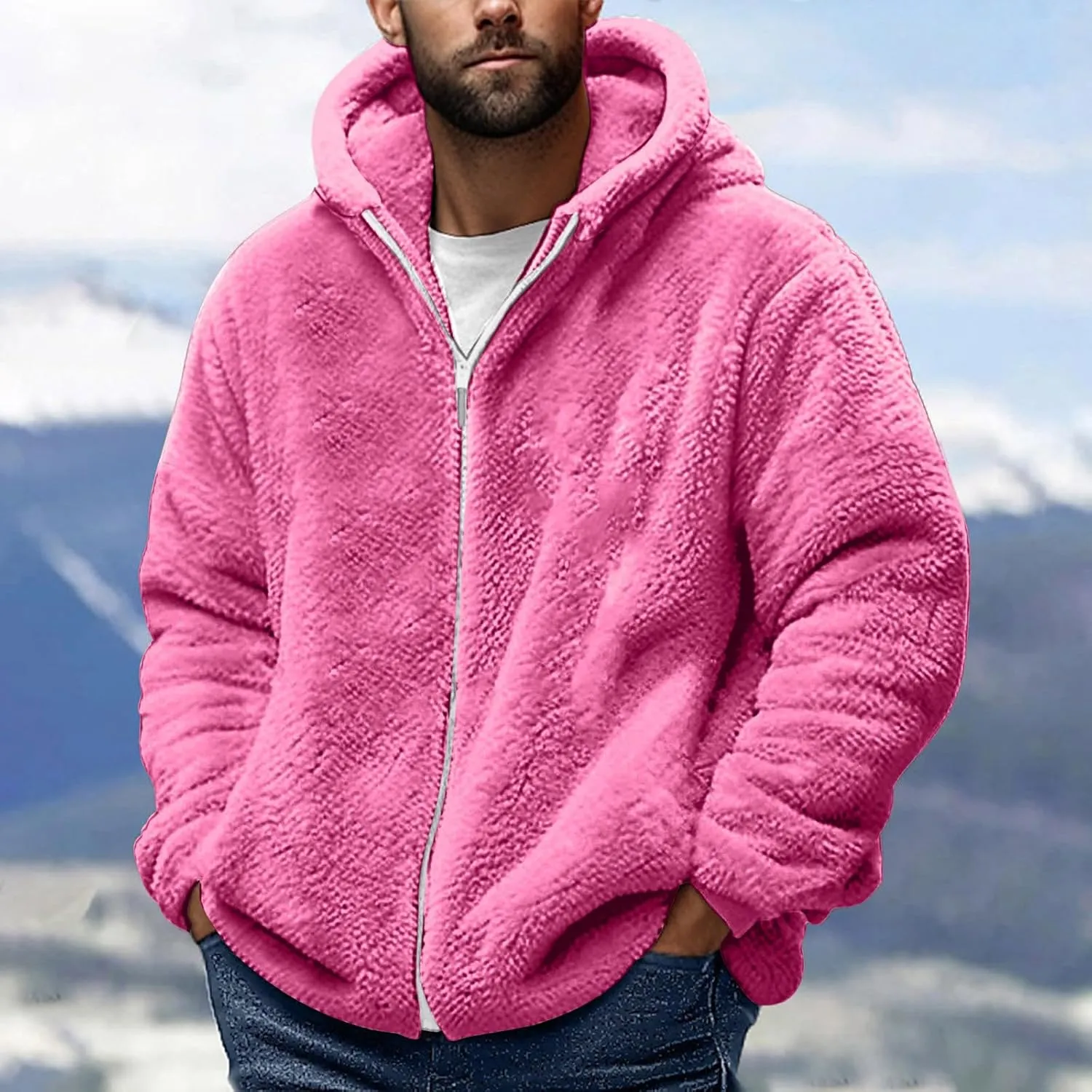 Mens Sherpa Fleece Hoodie Full Zip Fuzzy Jackets Winter Warm Soft Fluffy Faux Fur Coat Casual Baggy Hooded Jackets