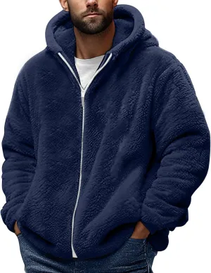 Mens Sherpa Fleece Hoodie Full Zip Fuzzy Jackets Winter Warm Soft Fluffy Faux Fur Coat Casual Baggy Hooded Jackets