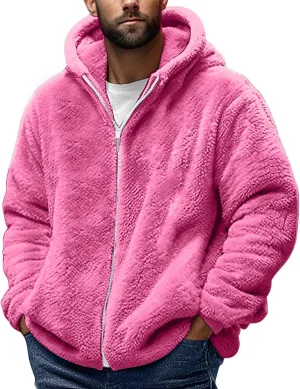Mens Sherpa Fleece Hoodie Full Zip Fuzzy Jackets Winter Warm Soft Fluffy Faux Fur Coat Casual Baggy Hooded Jackets