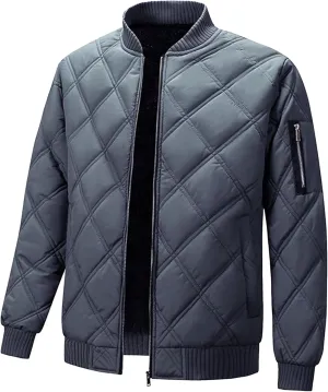 Men's Sherpa Lined Flight Bomber Jacket Diamond Quilted Zip Up Down Coat Winter Warm Varsity Jackets Pockets