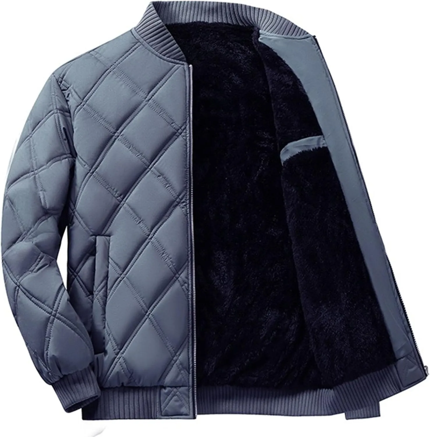 Men's Sherpa Lined Flight Bomber Jacket Diamond Quilted Zip Up Down Coat Winter Warm Varsity Jackets Pockets