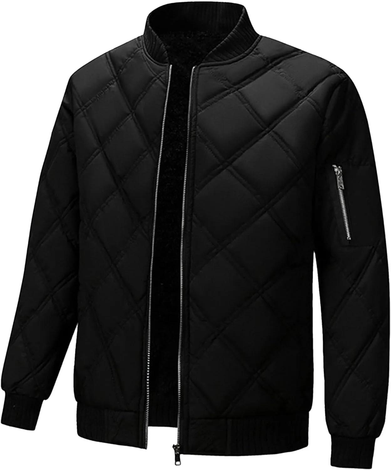 Men's Sherpa Lined Flight Bomber Jacket Diamond Quilted Zip Up Down Coat Winter Warm Varsity Jackets Pockets