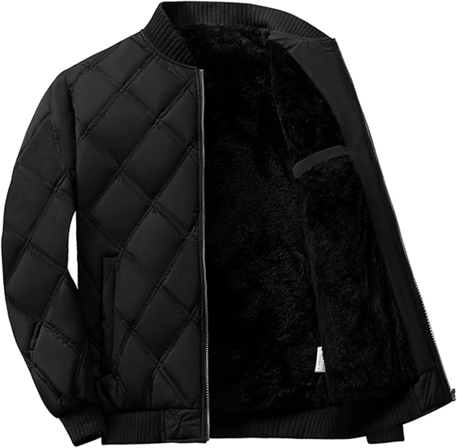 Men's Sherpa Lined Flight Bomber Jacket Diamond Quilted Zip Up Down Coat Winter Warm Varsity Jackets Pockets