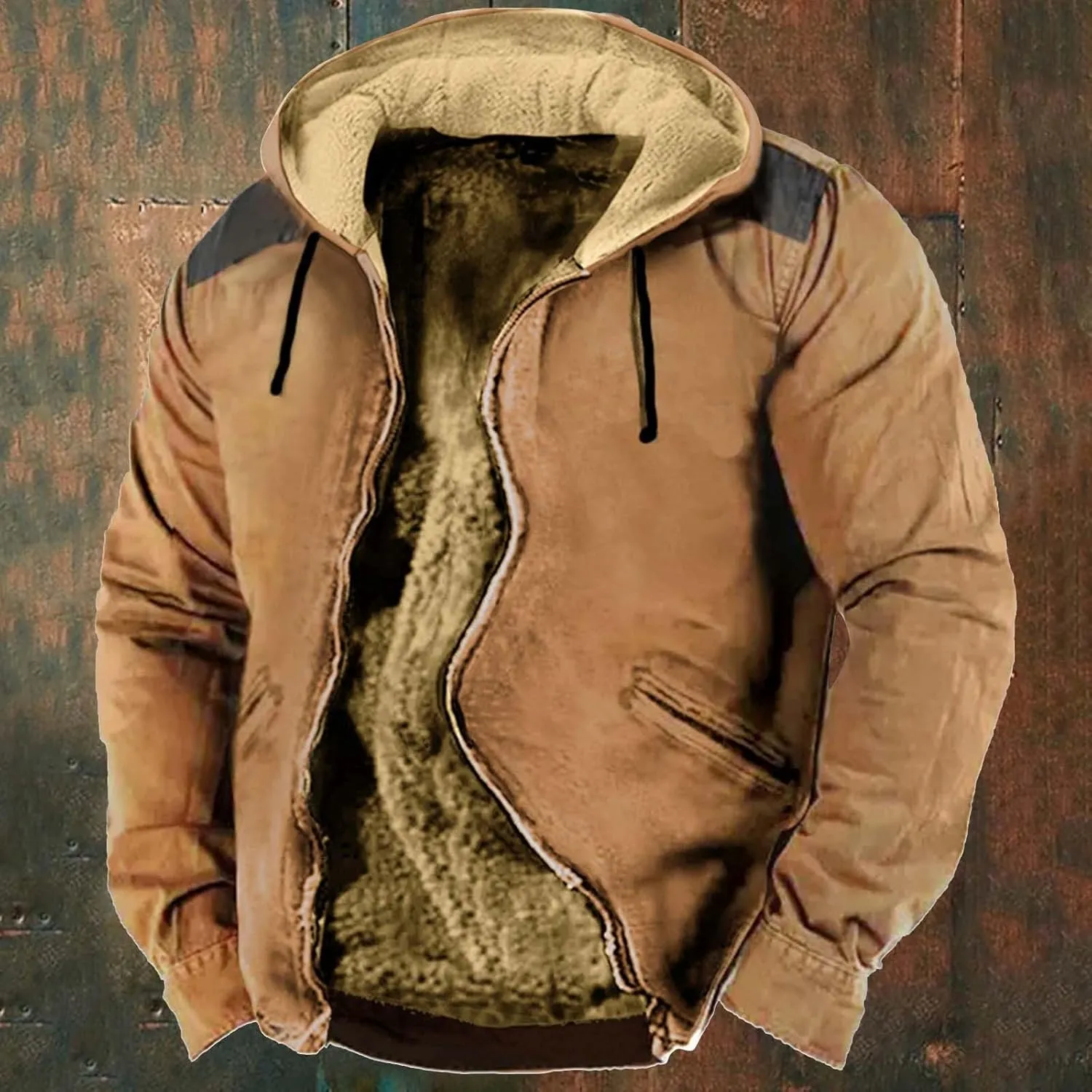 Men's Sherpa Lined Hoodie Jacket Winter Warm Heavyweight Zip Up Drawstring Hooded Sweatshirt Thicken Fleece Work Coat