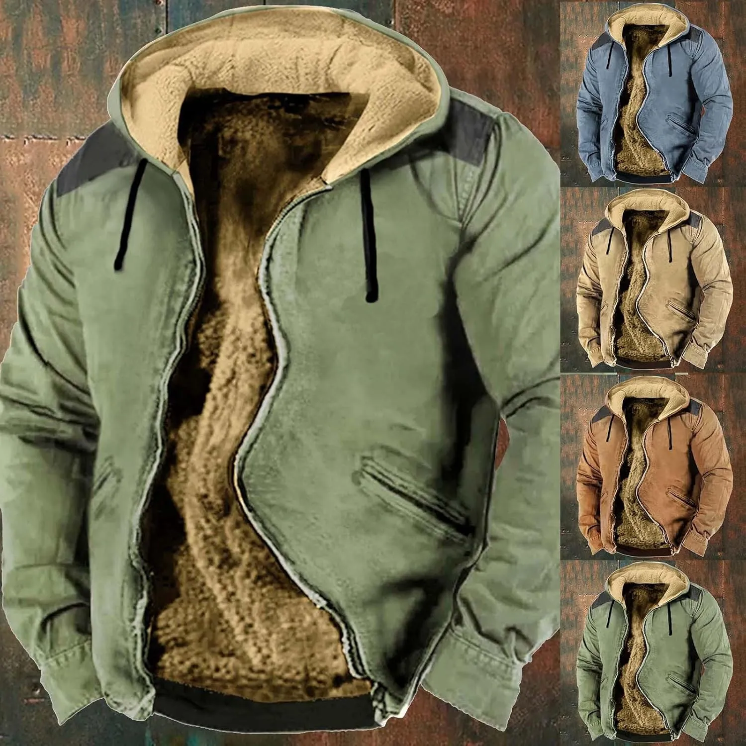 Men's Sherpa Lined Hoodie Jacket Winter Warm Heavyweight Zip Up Drawstring Hooded Sweatshirt Thicken Fleece Work Coat