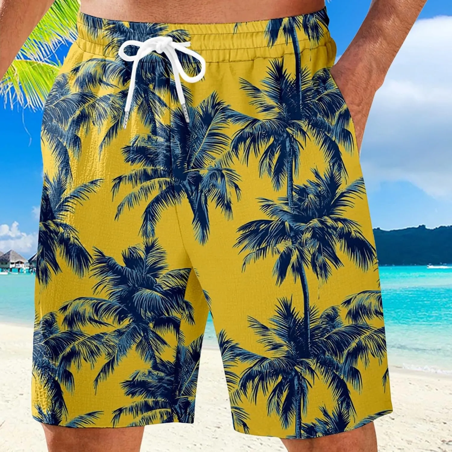 Mens Shorts Summer Hawaii Printed Elastic Waist Drawstring Casual Pants Baggy Lightweight Boho Beach Shorts Plus Size