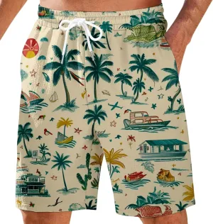 Mens Shorts Summer Hawaii Printed Elastic Waist Drawstring Casual Pants Baggy Lightweight Boho Beach Shorts Plus Size