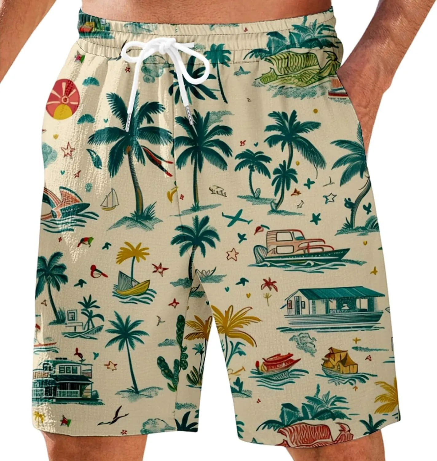 Mens Shorts Summer Hawaii Printed Elastic Waist Drawstring Casual Pants Baggy Lightweight Boho Beach Shorts Plus Size