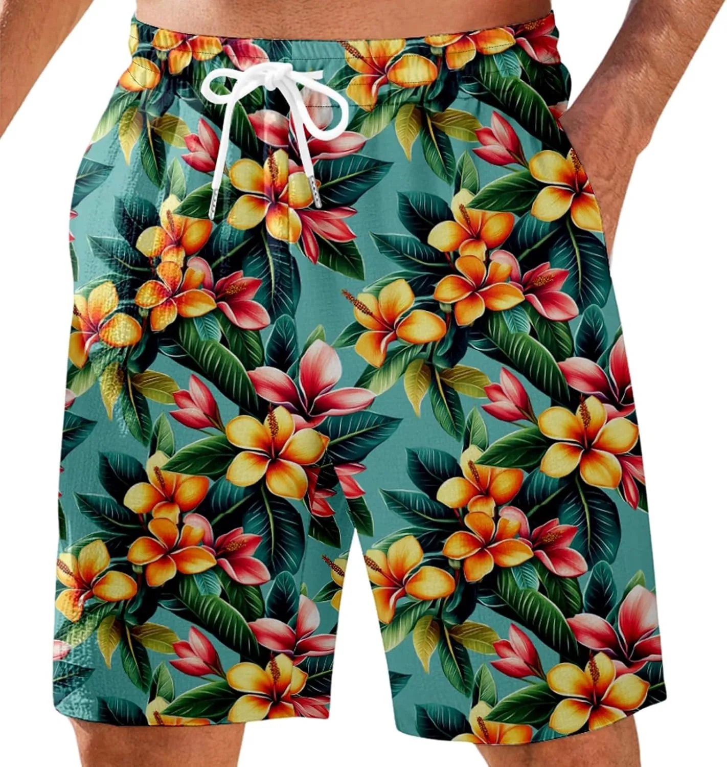 Mens Shorts Summer Hawaii Printed Elastic Waist Drawstring Casual Pants Baggy Lightweight Boho Beach Shorts Plus Size
