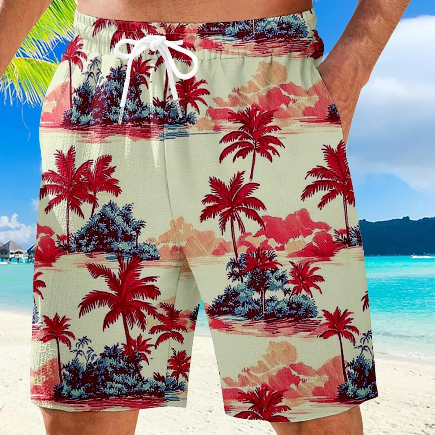 Mens Shorts Summer Hawaii Printed Elastic Waist Drawstring Casual Pants Baggy Lightweight Boho Beach Shorts Plus Size