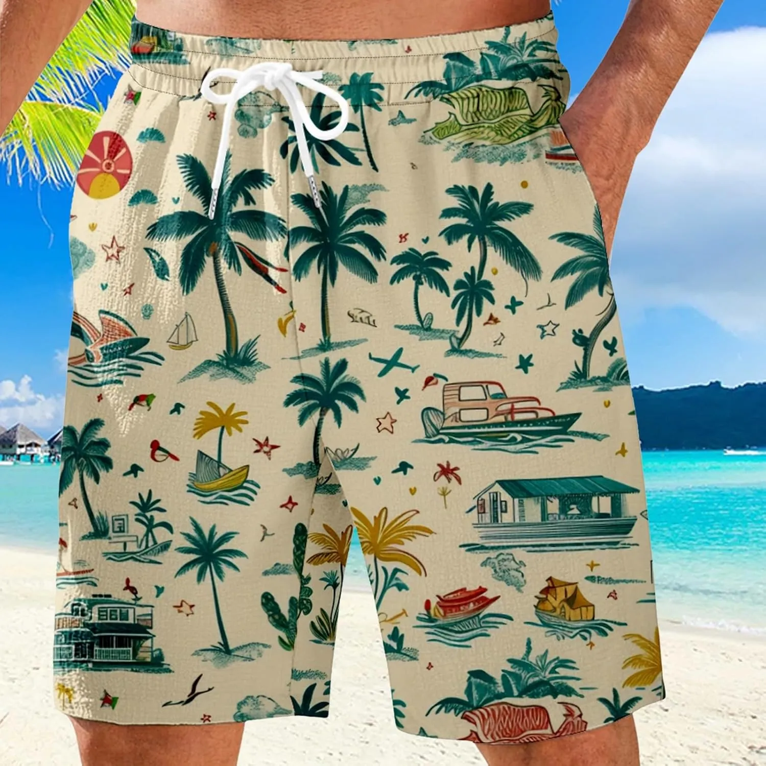 Mens Shorts Summer Hawaii Printed Elastic Waist Drawstring Casual Pants Baggy Lightweight Boho Beach Shorts Plus Size