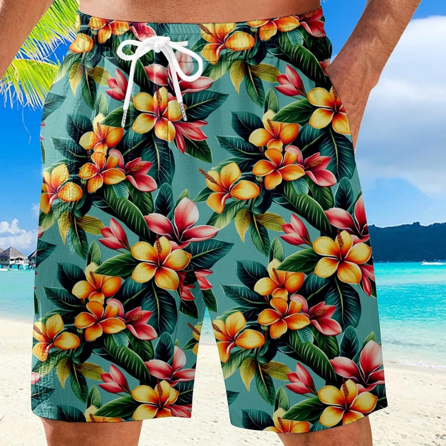 Mens Shorts Summer Hawaii Printed Elastic Waist Drawstring Casual Pants Baggy Lightweight Boho Beach Shorts Plus Size