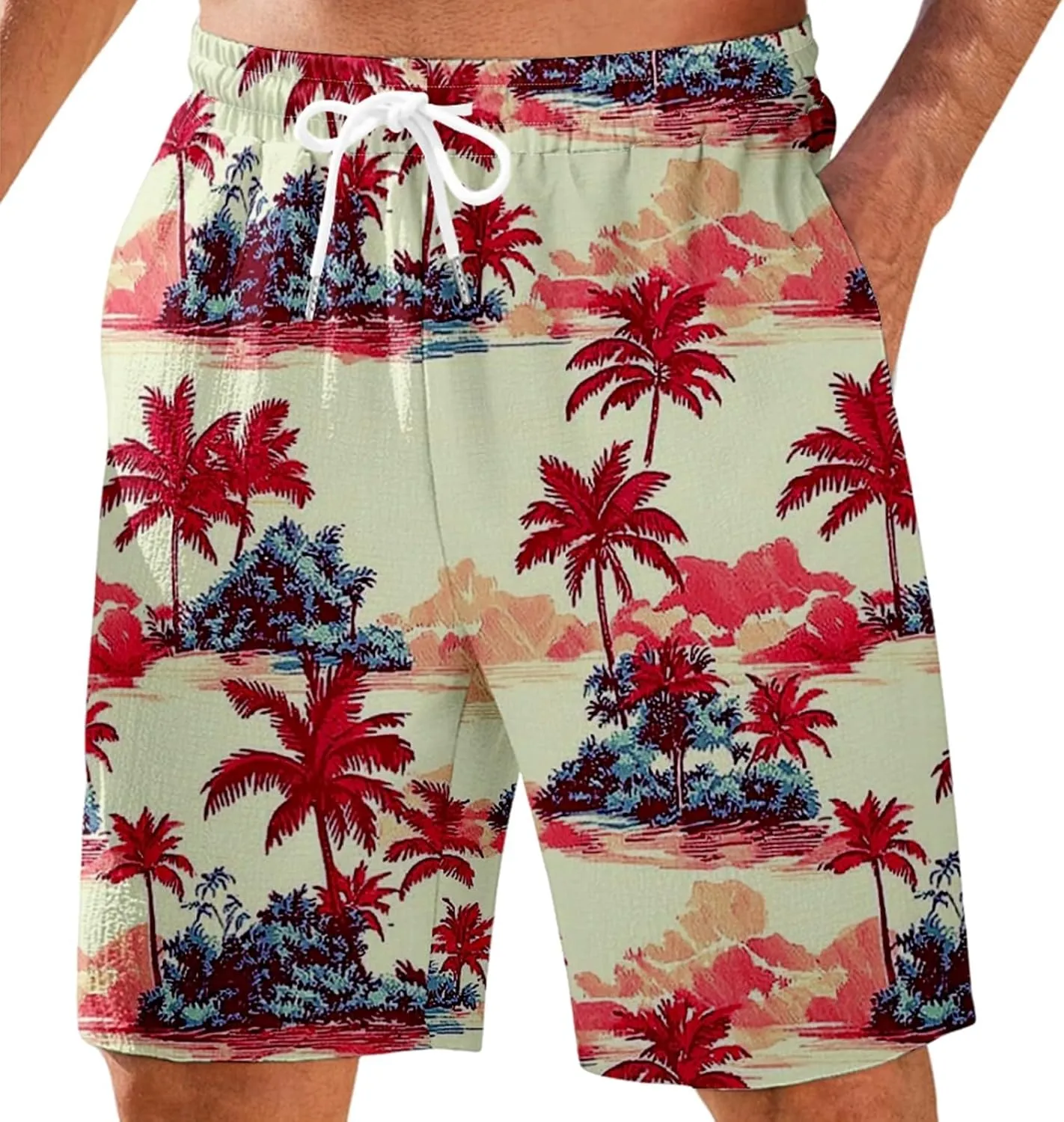 Mens Shorts Summer Hawaii Printed Elastic Waist Drawstring Casual Pants Baggy Lightweight Boho Beach Shorts Plus Size