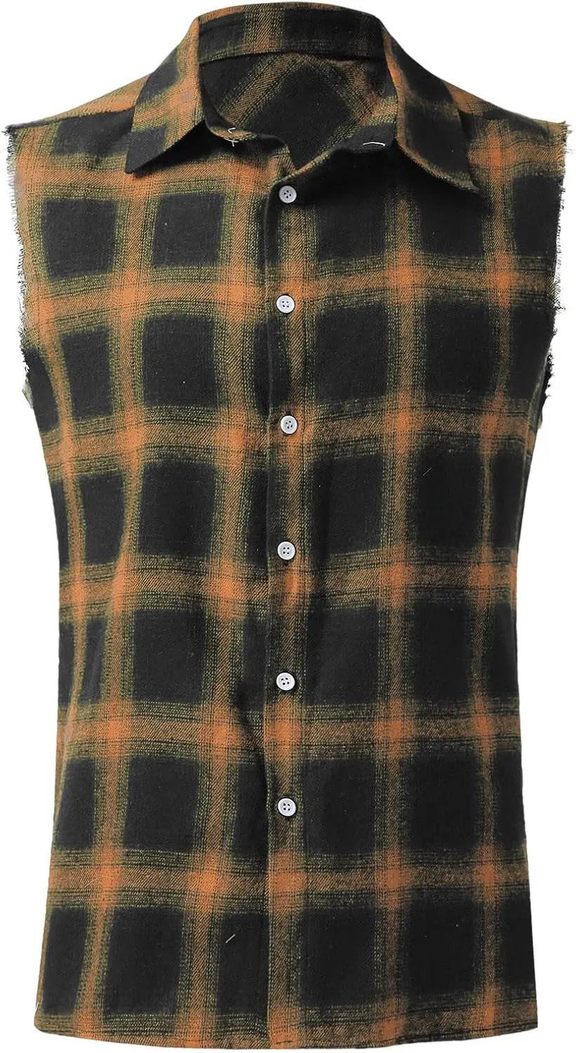Mens Sleeveless Flannel Plaid Shirts Casual Summer Button Down Muscle Cut Off Shirts Vintage Western Cowboy Vest Tanks Tops