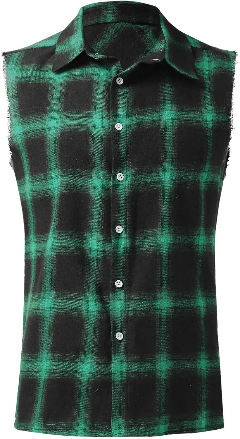 Mens Sleeveless Flannel Plaid Shirts Casual Summer Button Down Muscle Cut Off Shirts Vintage Western Cowboy Vest Tanks Tops