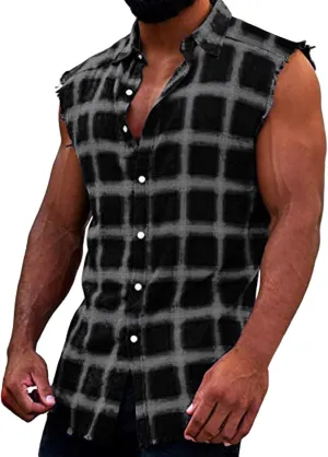 Mens Sleeveless Flannel Plaid Shirts Casual Summer Button Down Muscle Cut Off Shirts Vintage Western Cowboy Vest Tanks Tops
