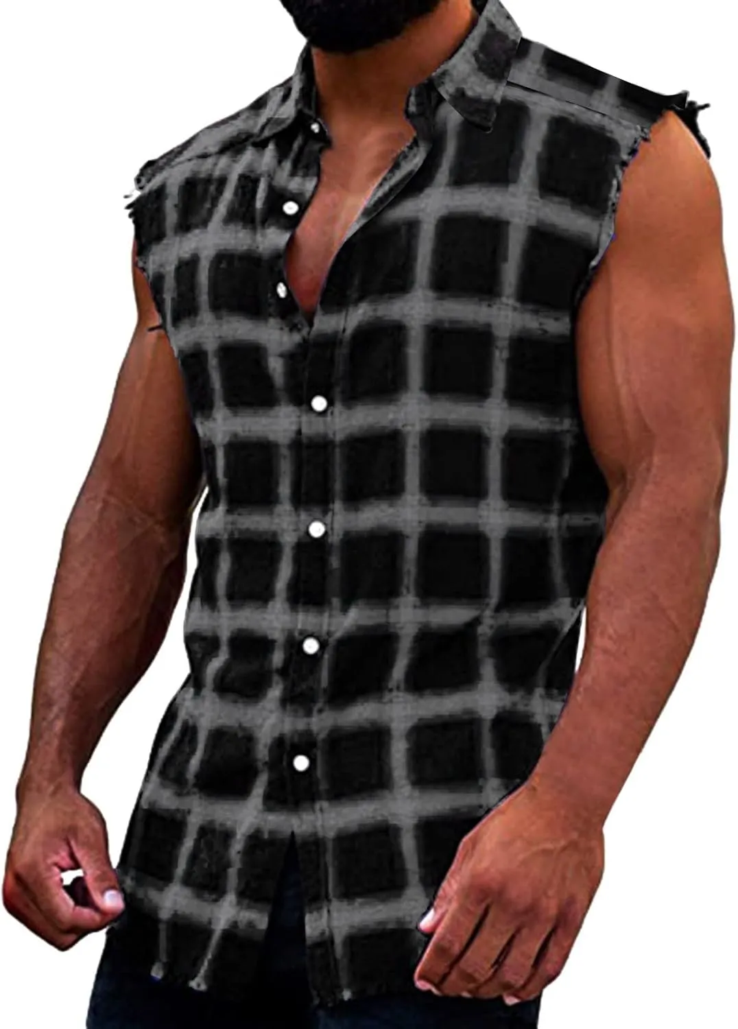 Mens Sleeveless Flannel Plaid Shirts Casual Summer Button Down Muscle Cut Off Shirts Vintage Western Cowboy Vest Tanks Tops