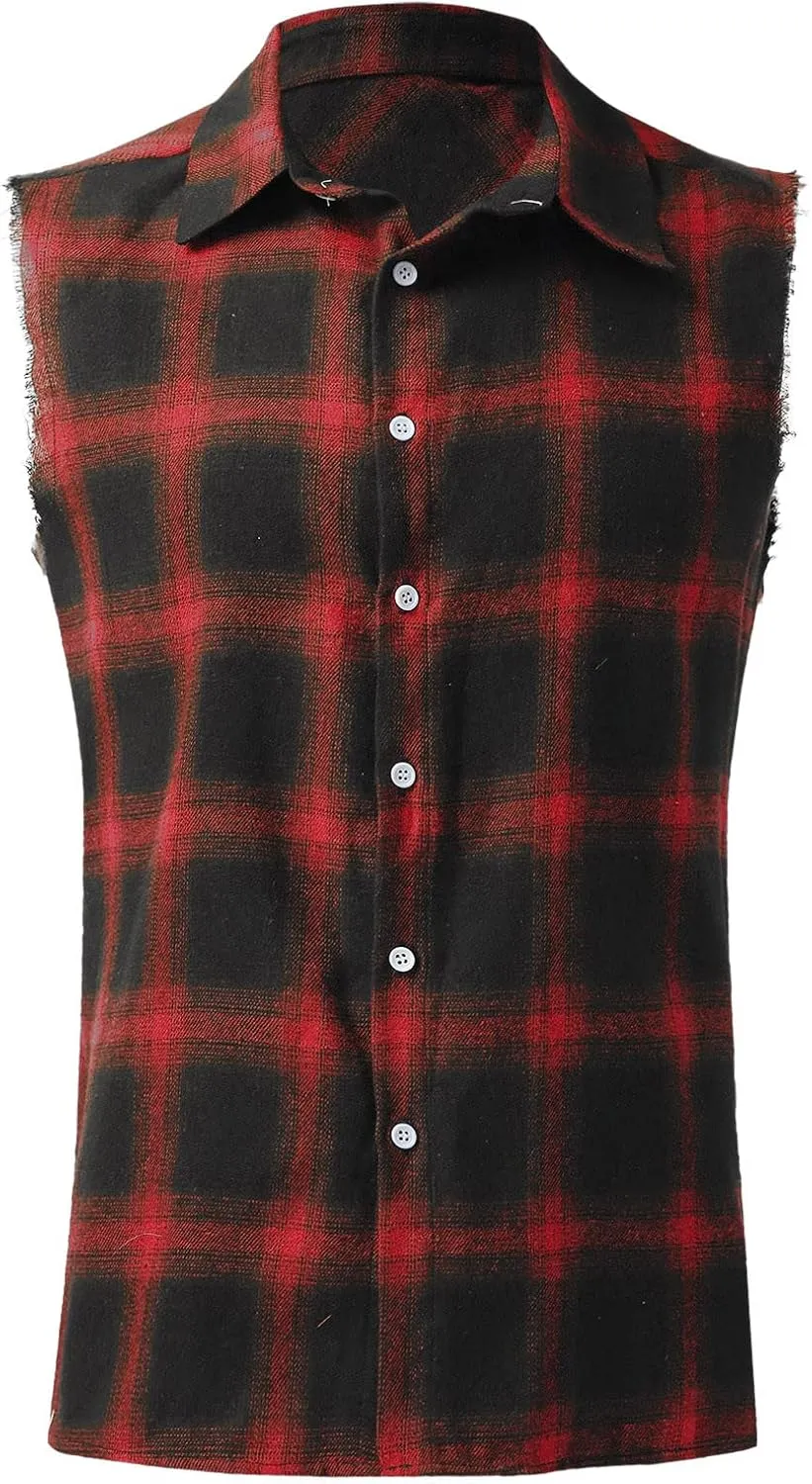 Mens Sleeveless Flannel Plaid Shirts Casual Summer Button Down Muscle Cut Off Shirts Vintage Western Cowboy Vest Tanks Tops