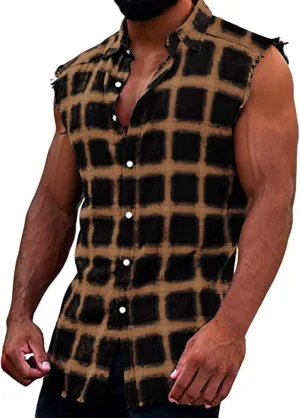Mens Sleeveless Flannel Plaid Shirts Casual Summer Button Down Muscle Cut Off Shirts Vintage Western Cowboy Vest Tanks Tops