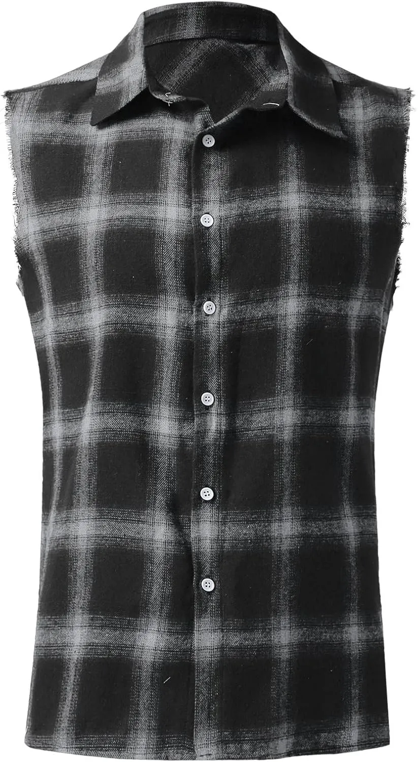 Mens Sleeveless Flannel Plaid Shirts Casual Summer Button Down Muscle Cut Off Shirts Vintage Western Cowboy Vest Tanks Tops