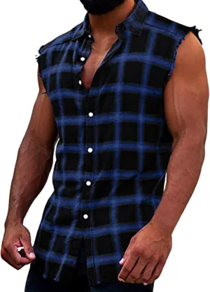 Mens Sleeveless Flannel Plaid Shirts Casual Summer Button Down Muscle Cut Off Shirts Vintage Western Cowboy Vest Tanks Tops