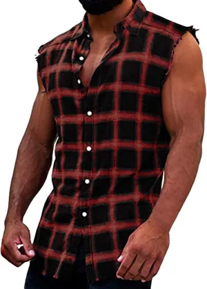Mens Sleeveless Flannel Plaid Shirts Casual Summer Button Down Muscle Cut Off Shirts Vintage Western Cowboy Vest Tanks Tops