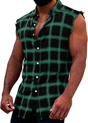 Mens Sleeveless Flannel Plaid Shirts Casual Summer Button Down Muscle Cut Off Shirts Vintage Western Cowboy Vest Tanks Tops