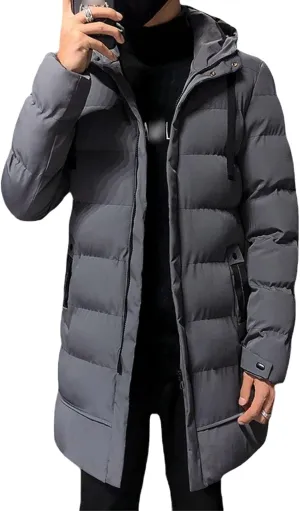 Mens Slim Fit Hooded Padded Coat Mid Length Warm Winter Quilted Puffer Jacket Windproof Thicken Down Outwear