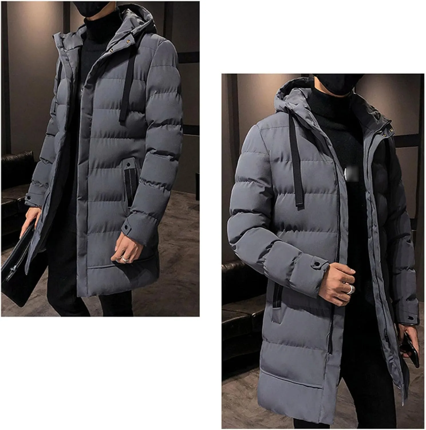 Mens Slim Fit Hooded Padded Coat Mid Length Warm Winter Quilted Puffer Jacket Windproof Thicken Down Outwear