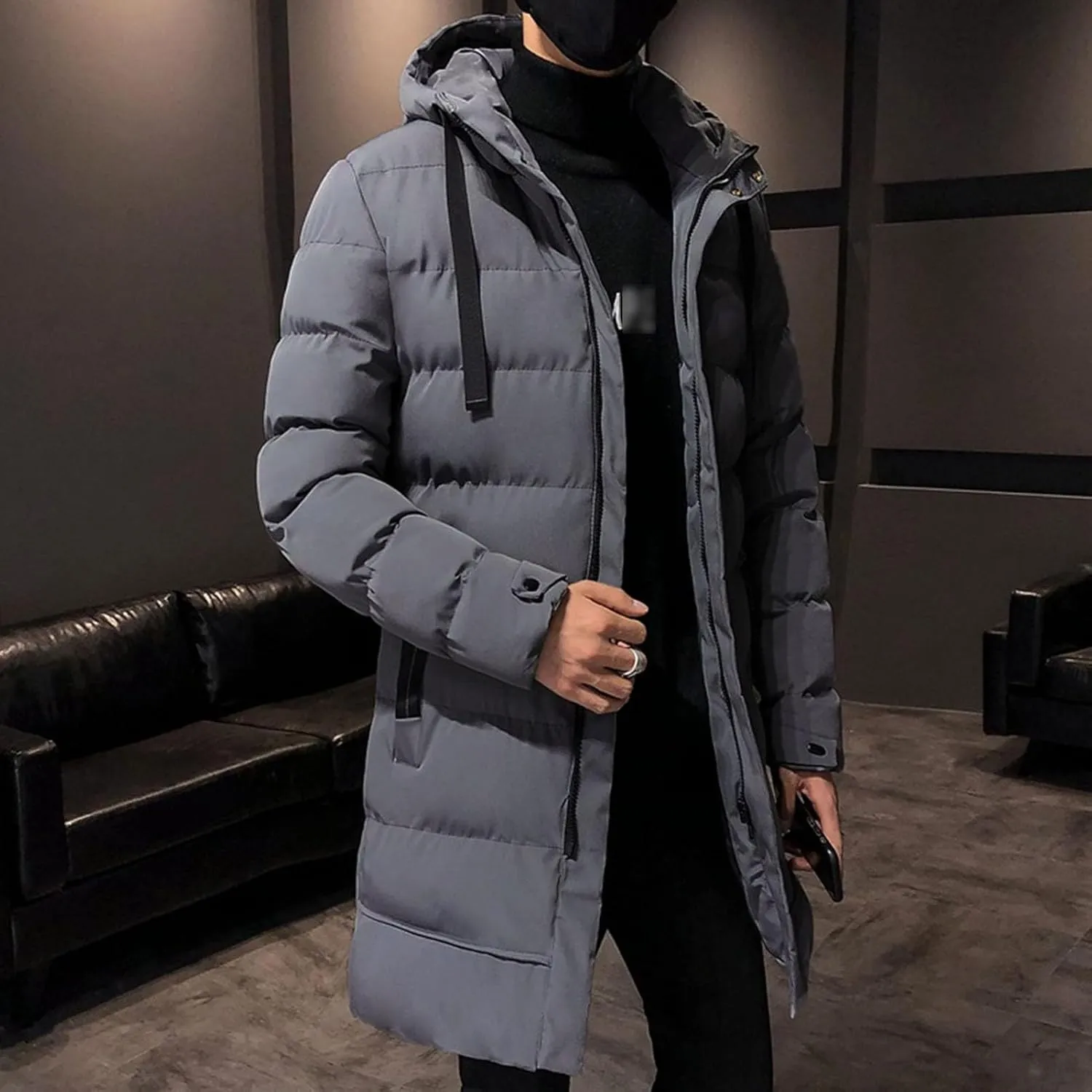 Mens Slim Fit Hooded Padded Coat Mid Length Warm Winter Quilted Puffer Jacket Windproof Thicken Down Outwear