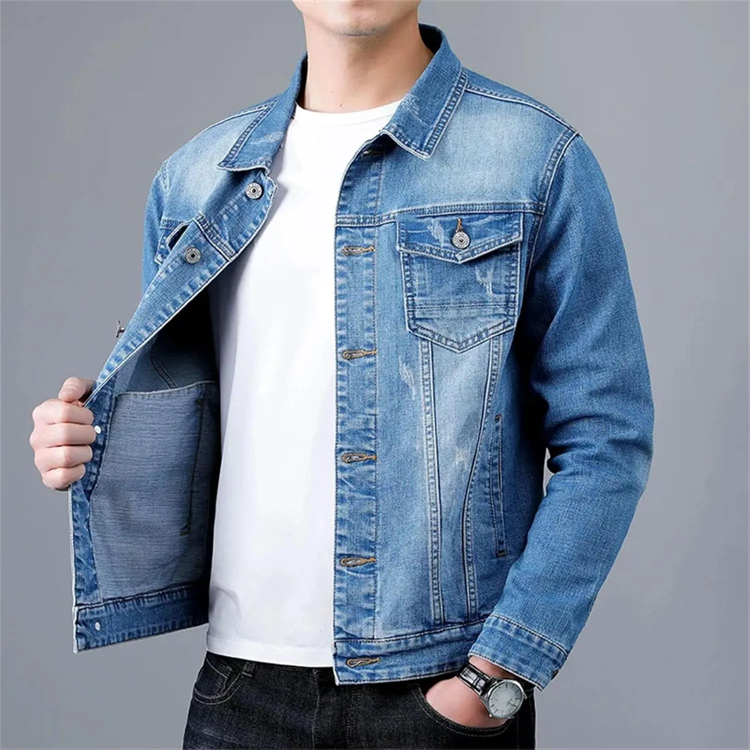 Men's Spring Casual Denim Jacket Men Cotton Jean Jacket Classic Washed Slim Jeans Coat
