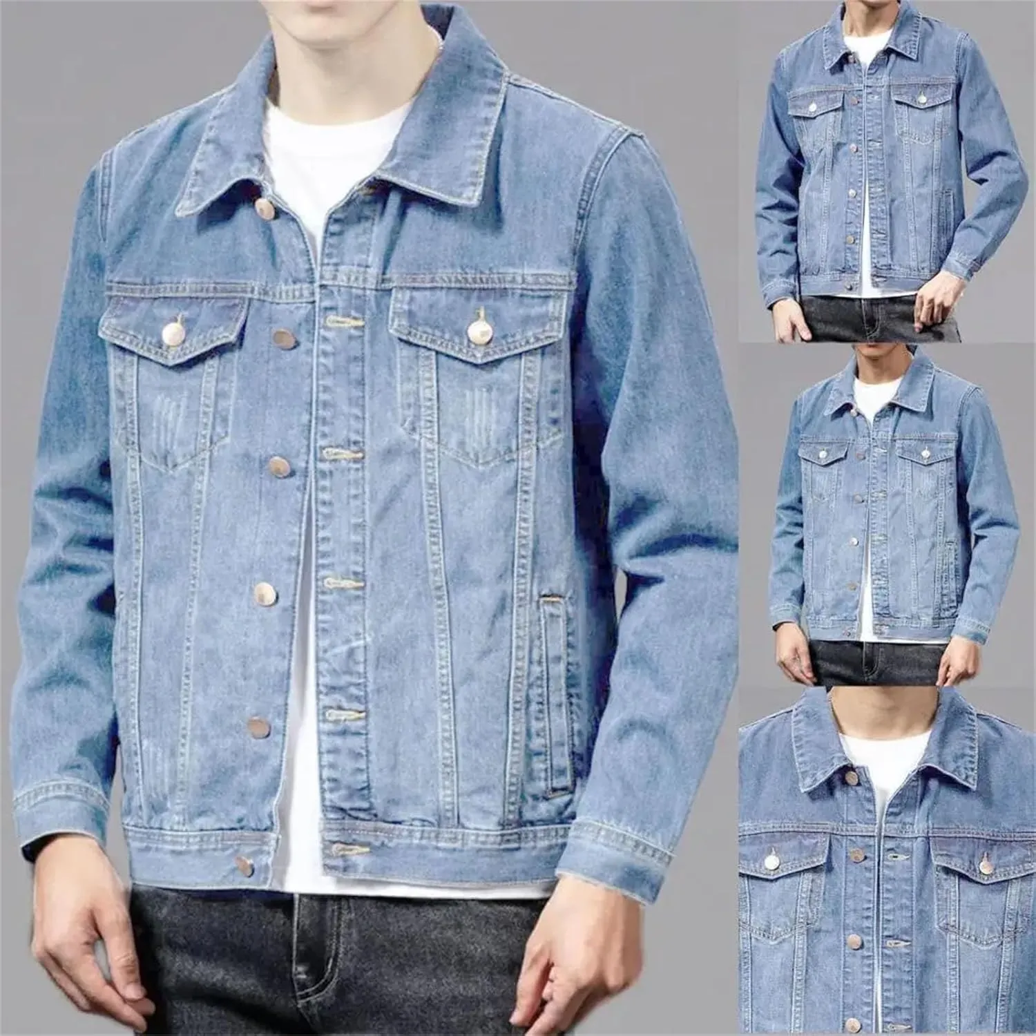 Men's Spring Denim Jacket Men Multi-Pockets Jean Jacket Outwear Lightweight Sport Coats