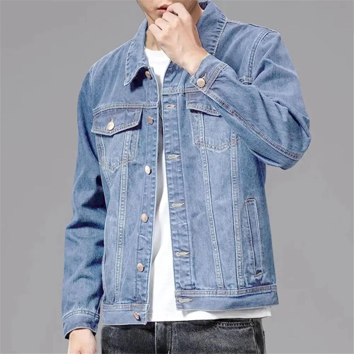 Men's Spring Denim Jacket Men Multi-Pockets Jean Jacket Outwear Lightweight Sport Coats