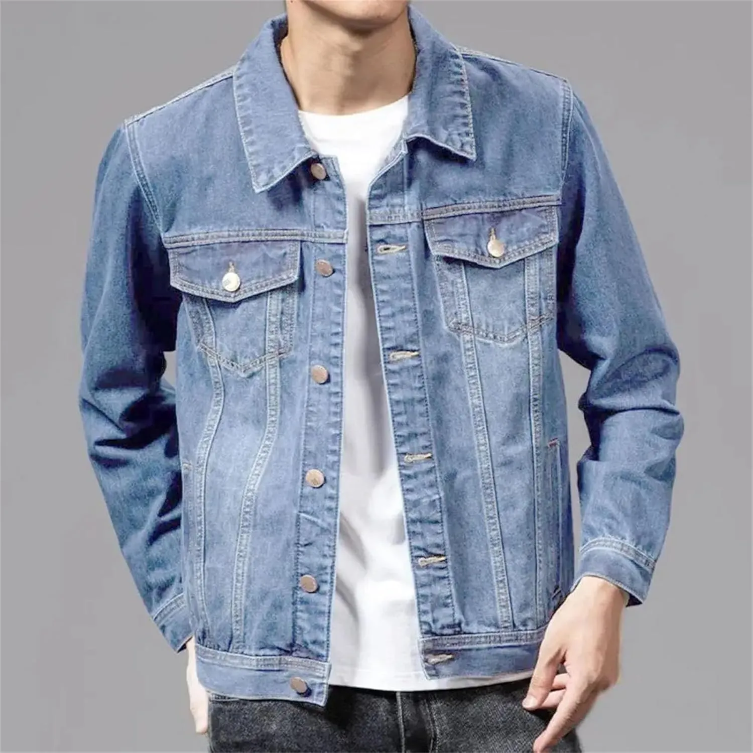 Men's Spring Denim Jacket Men Multi-Pockets Jean Jacket Outwear Lightweight Sport Coats