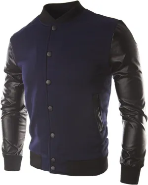 Mens Stylish Varsity Jackets Leather Sleeve Slim Fit College Baseball Letterman Bomber Coats Long Sleeve Button Windbreaker