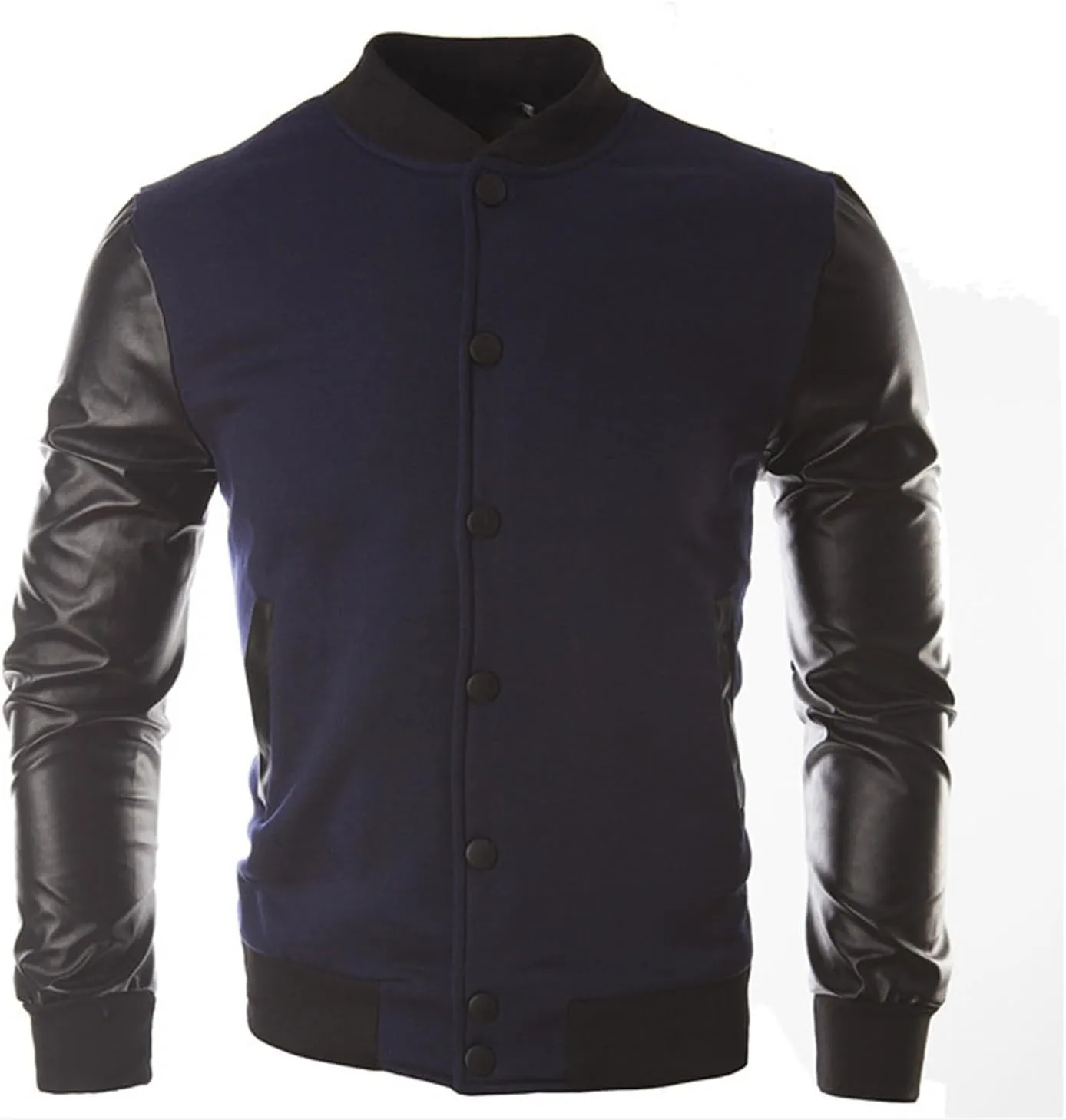Mens Stylish Varsity Jackets Leather Sleeve Slim Fit College Baseball Letterman Bomber Coats Long Sleeve Button Windbreaker