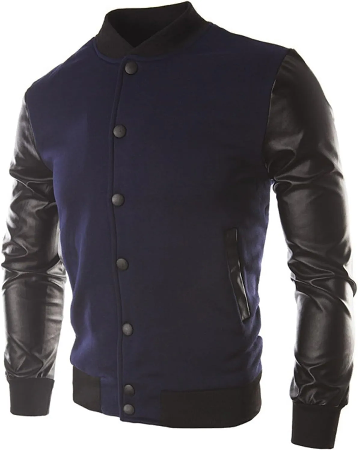 Mens Stylish Varsity Jackets Leather Sleeve Slim Fit College Baseball Letterman Bomber Coats Long Sleeve Button Windbreaker