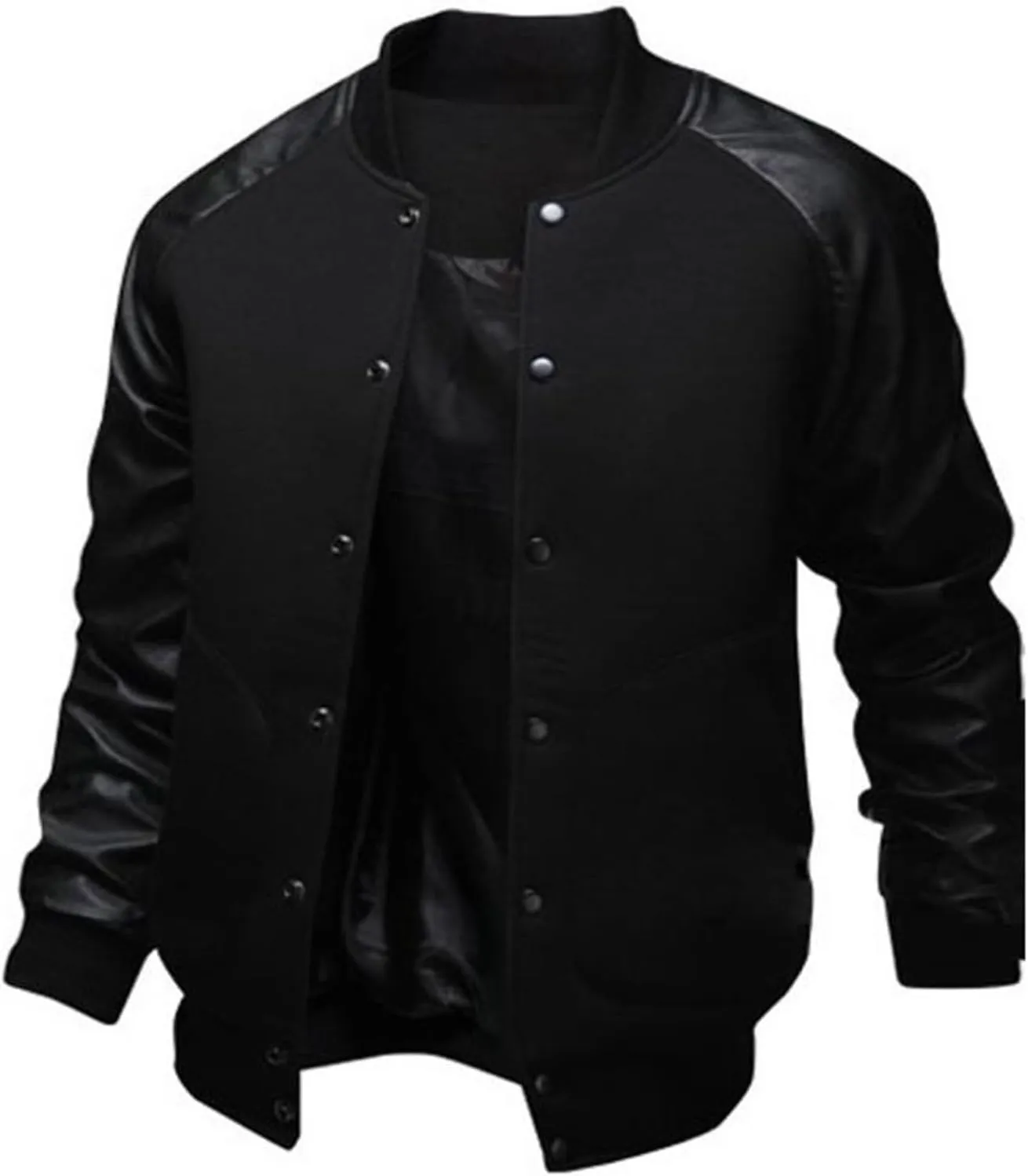 Mens Stylish Varsity Jackets Leather Sleeve Slim Fit College Baseball Letterman Bomber Coats Long Sleeve Button Windbreaker