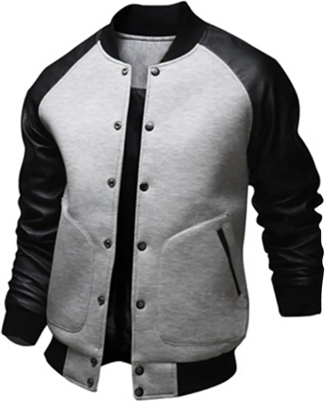 Mens Stylish Varsity Jackets Leather Sleeve Slim Fit College Baseball Letterman Bomber Coats Long Sleeve Button Windbreaker