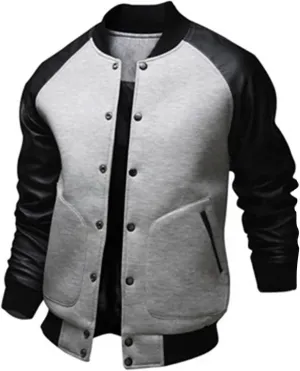 Mens Stylish Varsity Jackets Leather Sleeve Slim Fit College Baseball Letterman Bomber Coats Long Sleeve Button Windbreaker