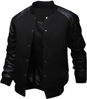 Mens Stylish Varsity Jackets Leather Sleeve Slim Fit College Baseball Letterman Bomber Coats Long Sleeve Button Windbreaker
