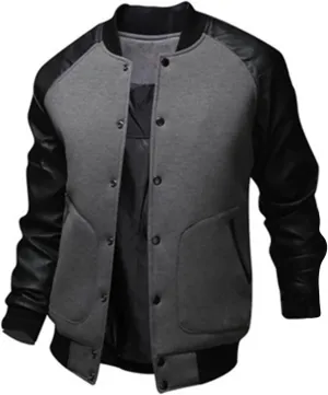 Mens Stylish Varsity Jackets Leather Sleeve Slim Fit College Baseball Letterman Bomber Coats Long Sleeve Button Windbreaker