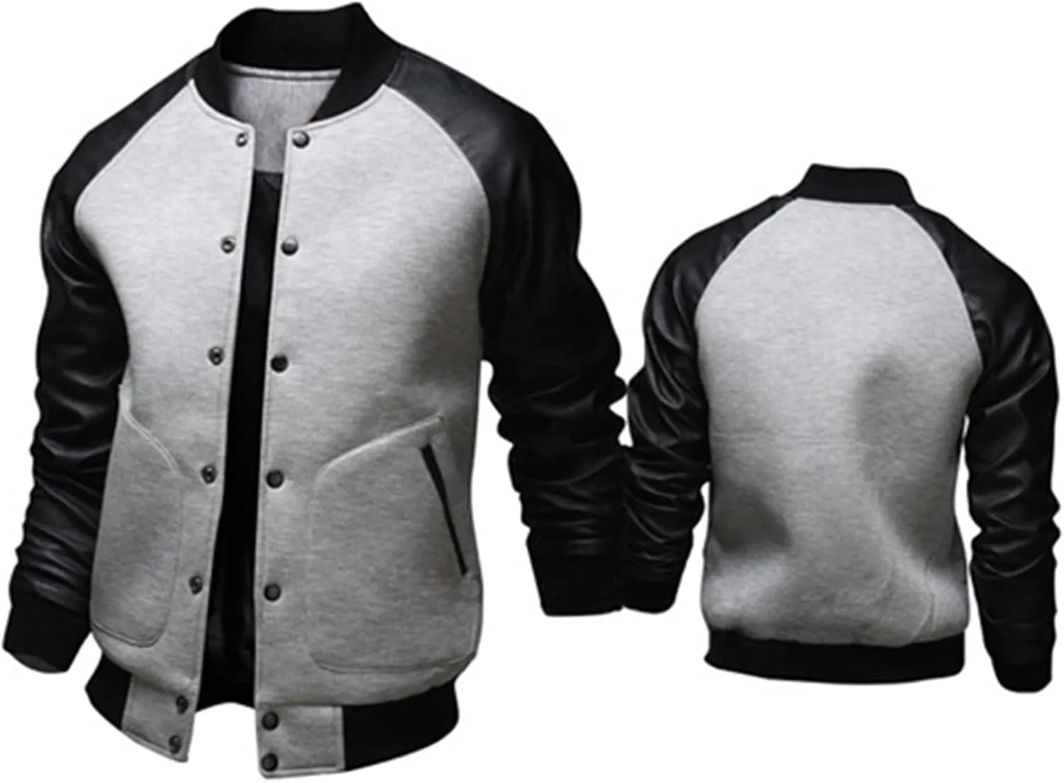 Mens Stylish Varsity Jackets Leather Sleeve Slim Fit College Baseball Letterman Bomber Coats Long Sleeve Button Windbreaker