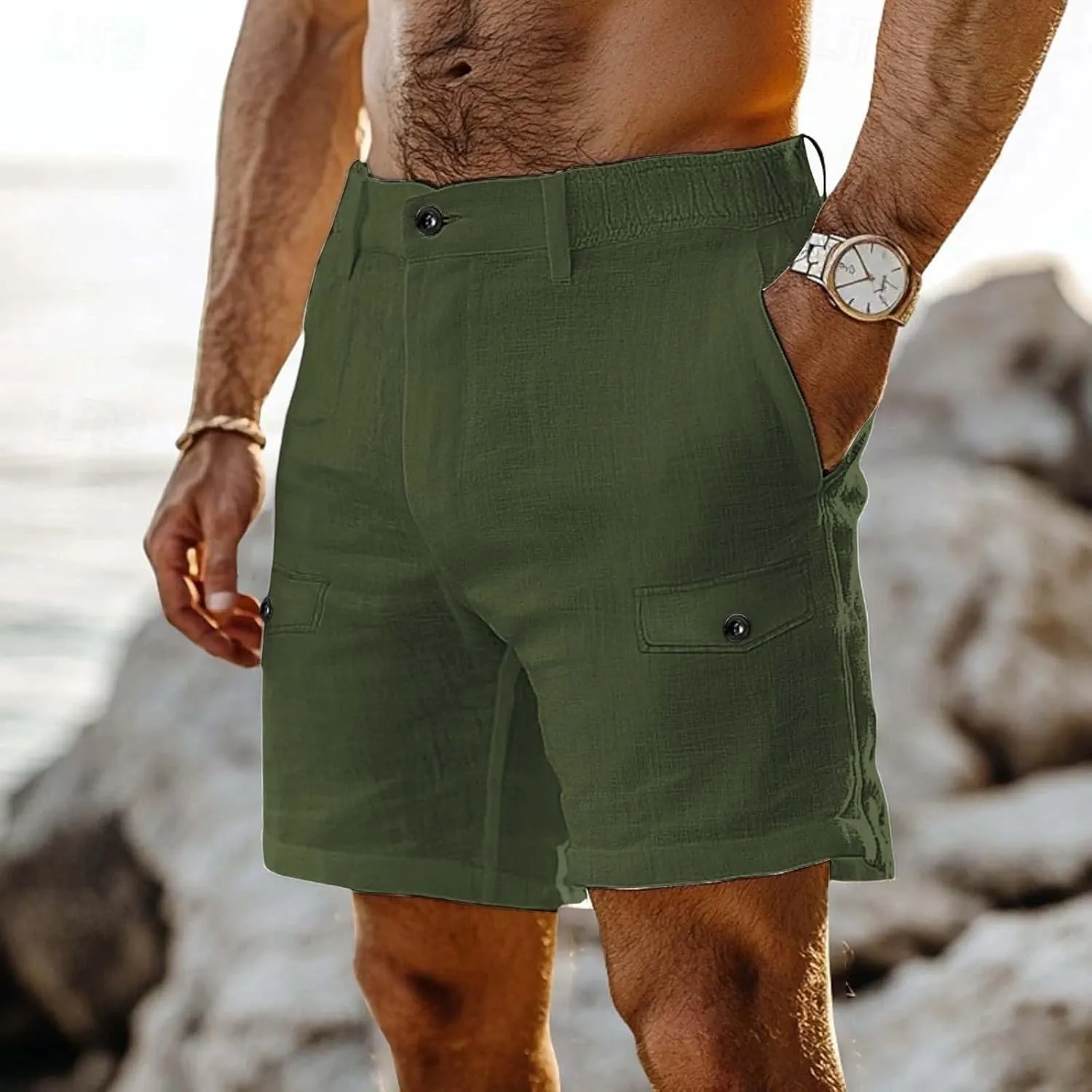 Mens Summer Shorts 2025 Front Button Texture Relaxed Fit Lightweight Cool Lounge Cargo Pants Beach Shorts with Pocket