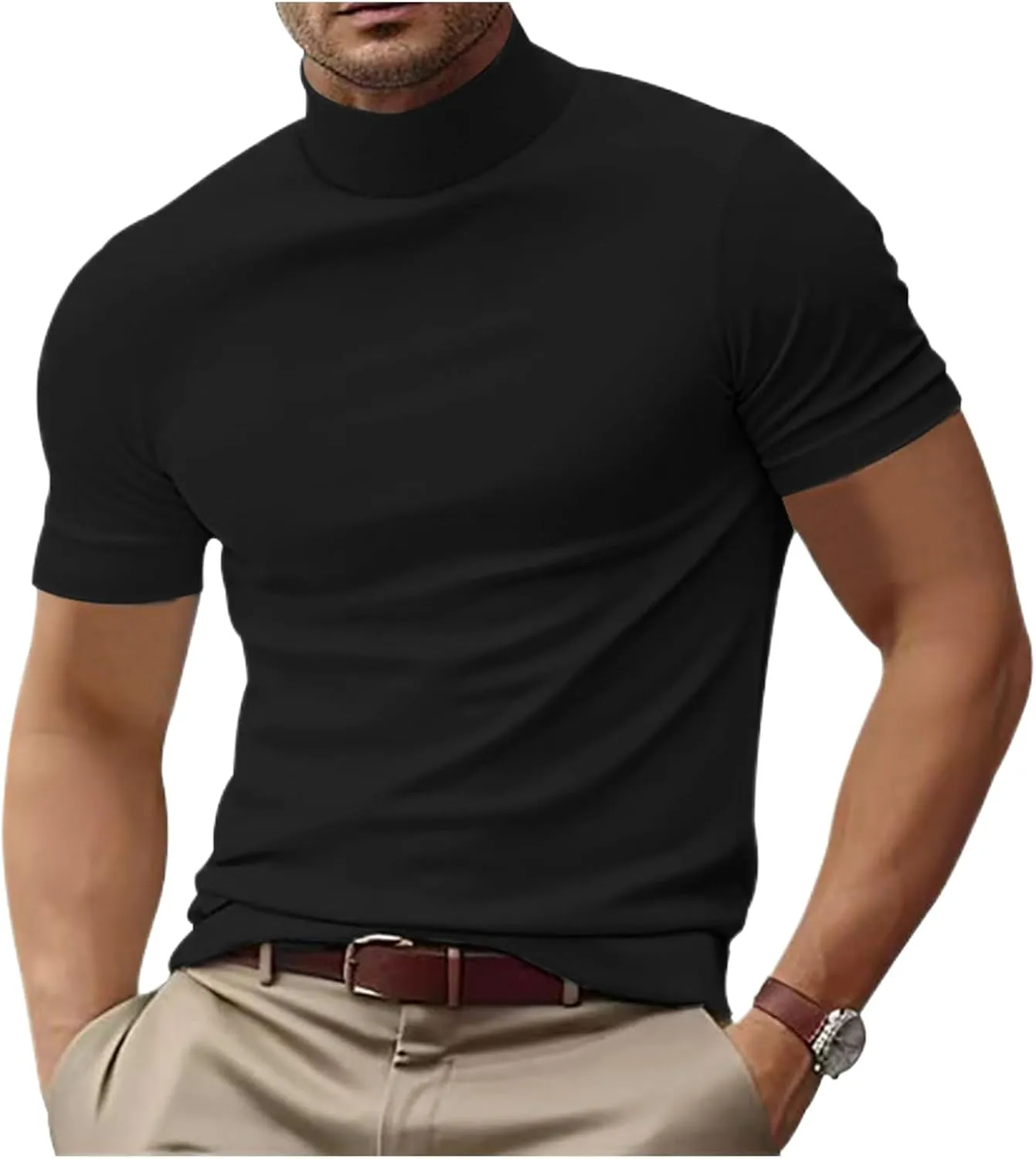 Mens T Shirt Short Sleeve Basic Mock Turtleneck Tshirts Slim Fit Undershirt Pullover Thermal Solid Shirts Tops Men
