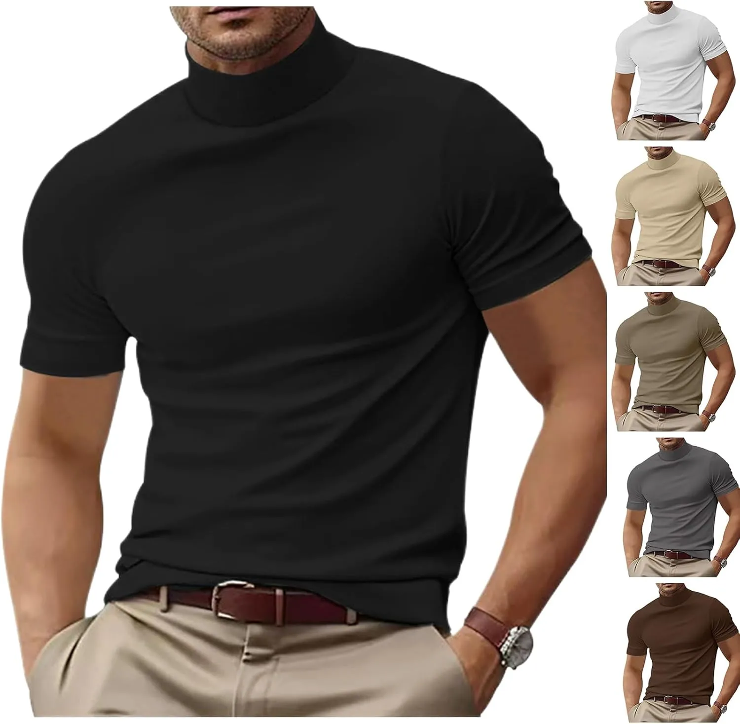 Mens T Shirt Short Sleeve Basic Mock Turtleneck Tshirts Slim Fit Undershirt Pullover Thermal Solid Shirts Tops Men
