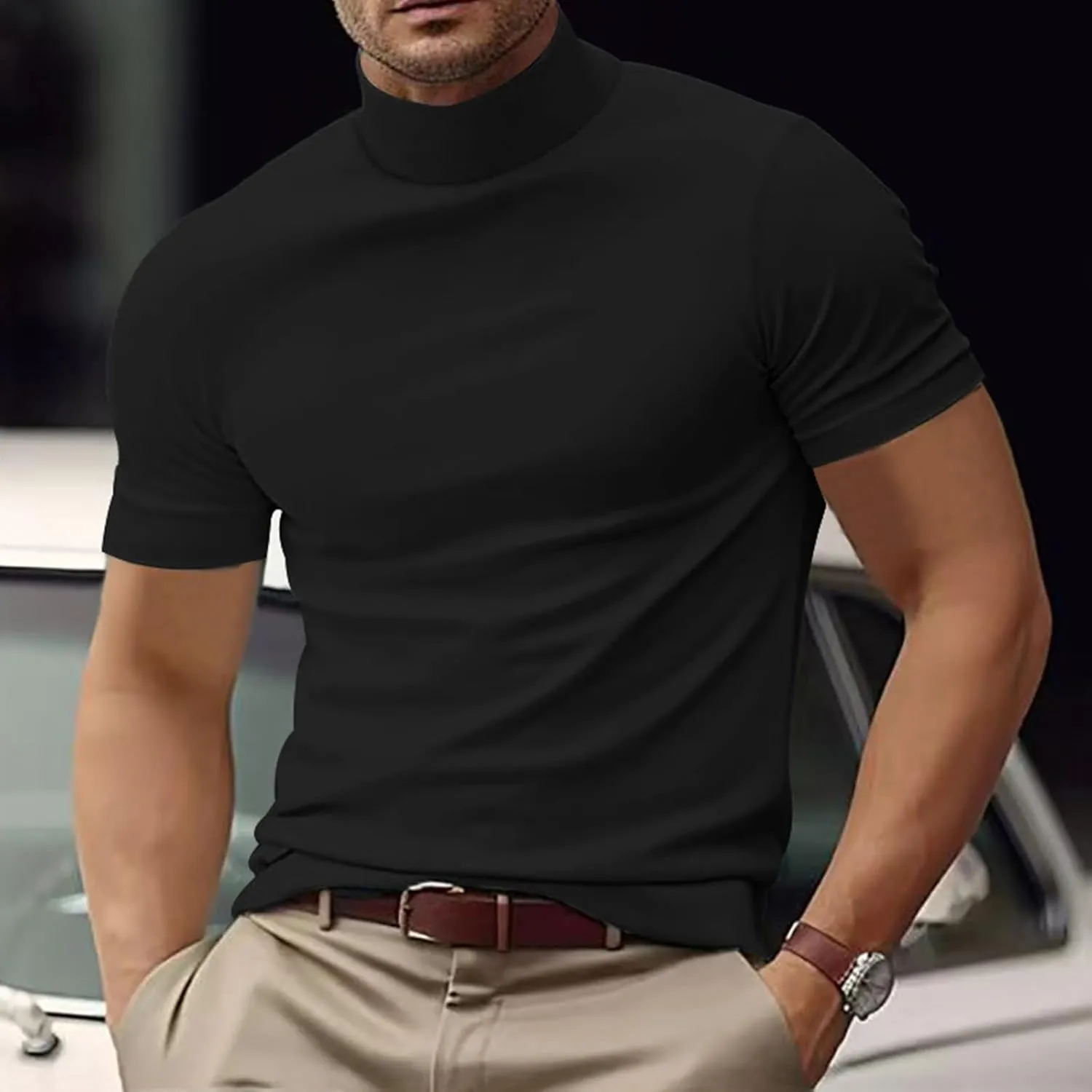 Mens T Shirt Short Sleeve Basic Mock Turtleneck Tshirts Slim Fit Undershirt Pullover Thermal Solid Shirts Tops Men