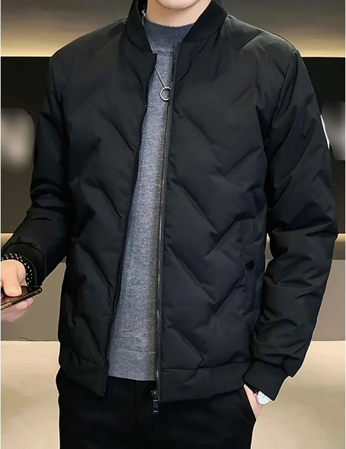 Men's Windproof Warm Padded Coat Cotton Diamond Quilted Jacket Flight Bomber Lightweight Varsity Jackets