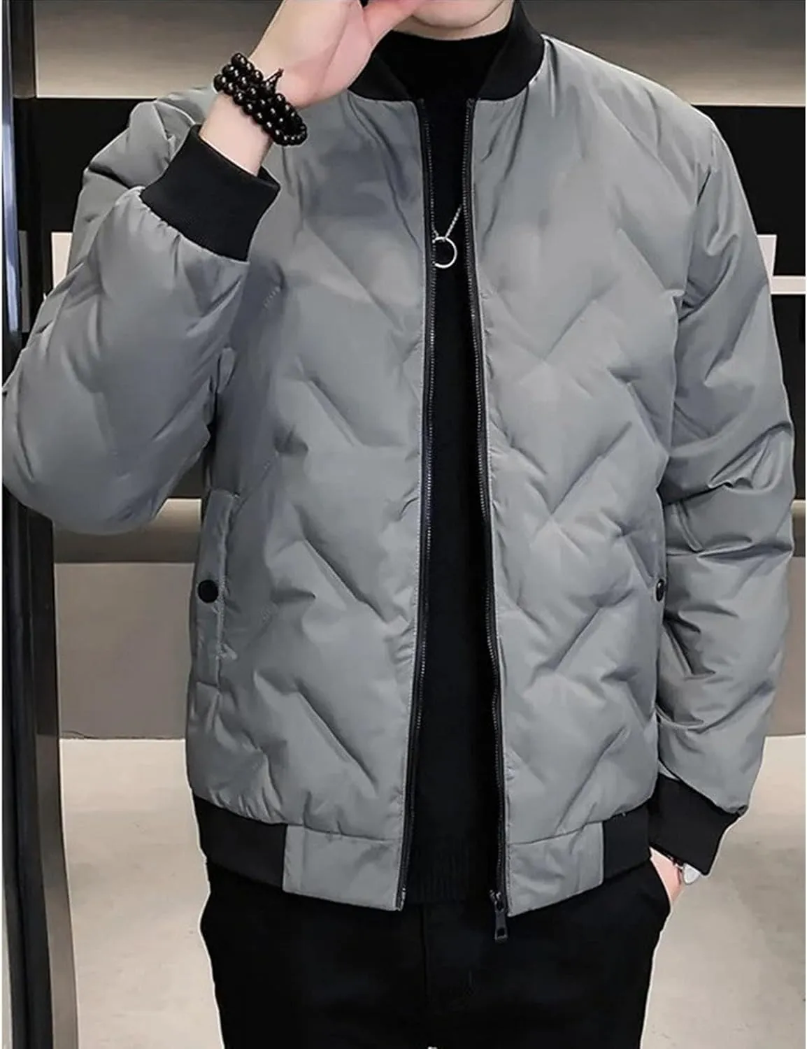 Men's Windproof Warm Padded Coat Cotton Diamond Quilted Jacket Flight Bomber Lightweight Varsity Jackets