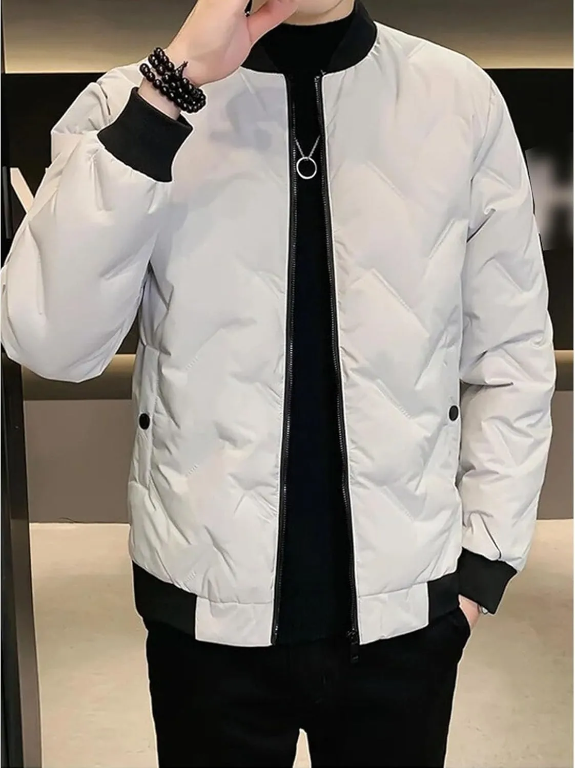 Men's Windproof Warm Padded Coat Cotton Diamond Quilted Jacket Flight Bomber Lightweight Varsity Jackets